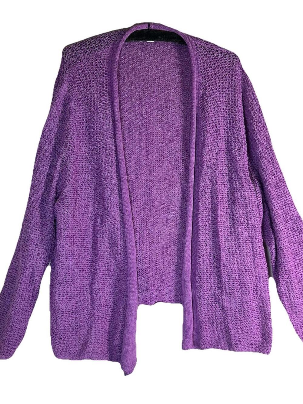 J Jill Linen Purple Blend Crochet open Knit Cardigan Sweater Roll Hem Boho  4XL